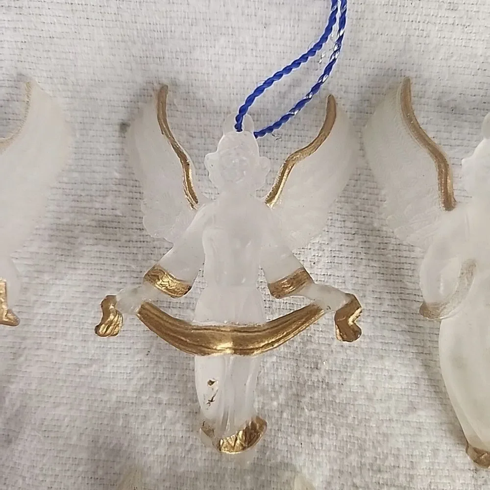 Vintage Christmas Ornaments Frosted Plastic Acrylic Gold Trim Angel's 4 Set